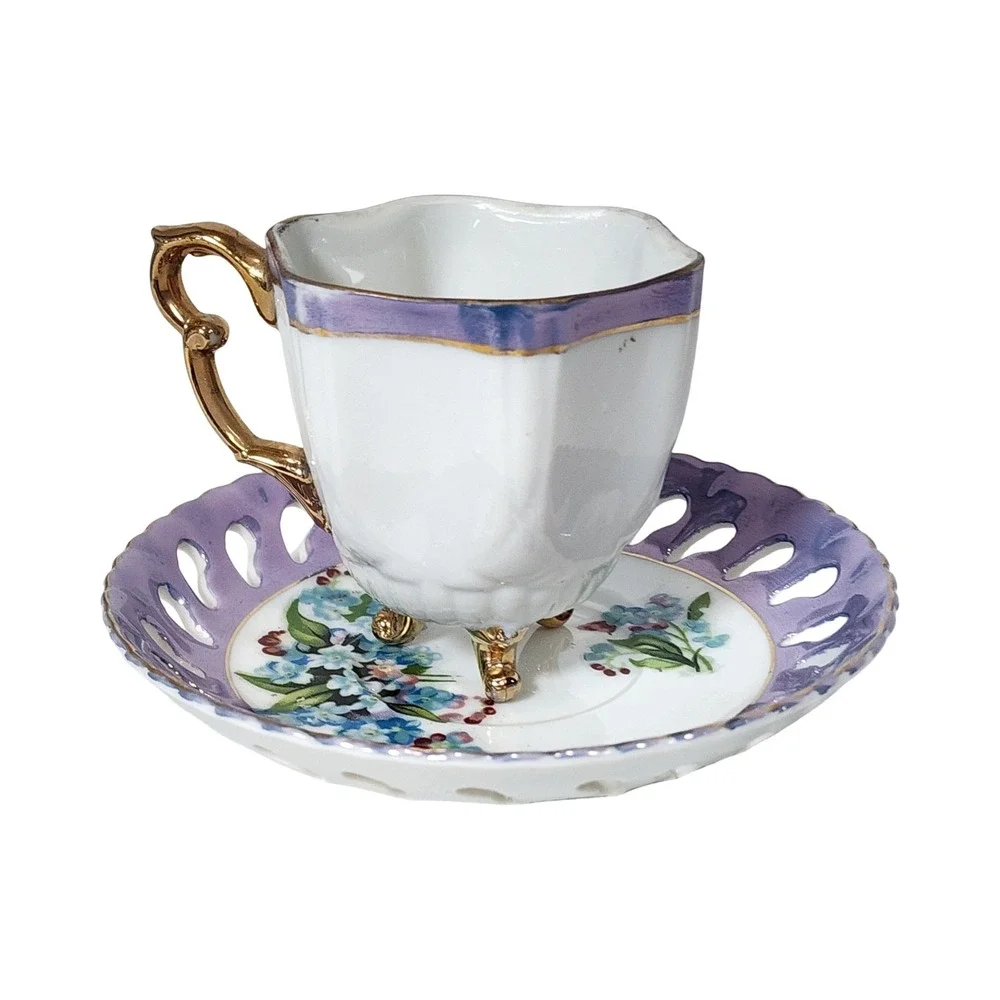 Vintage Footed Iridescent Purple Floral Teacup Saucer Set Reticulated Porcelain